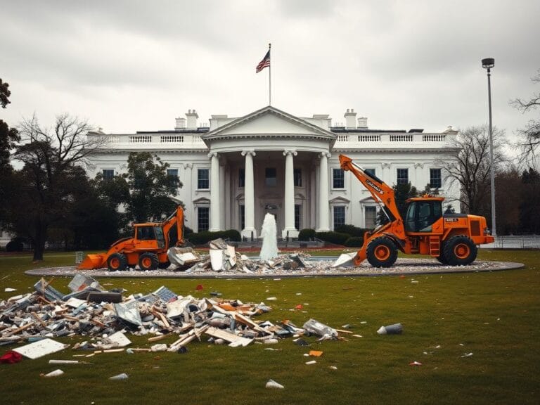 Flick International Bulldozers demolishing the White House East Wing amidst debris and construction equipment