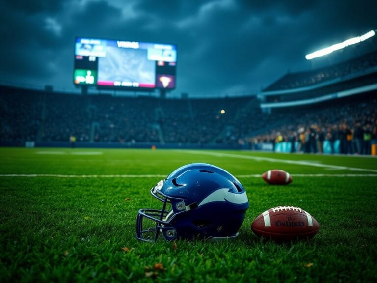 Flick International A dimly lit football stadium showcasing a scuffed Vikings helmet on the turf during a loss to the Chargers