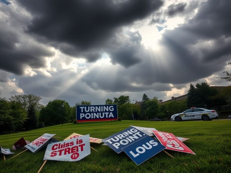 Flick International A university campus scene with Turning Point USA signs and discarded protest signs on the ground
