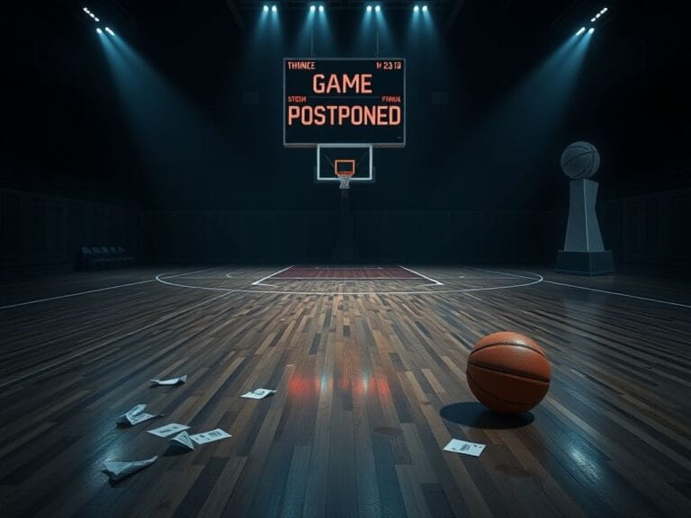 Flick International Empty basketball court under dim lighting with crumpled betting slips and a basketball, representing the gambling scandal in the NBA.