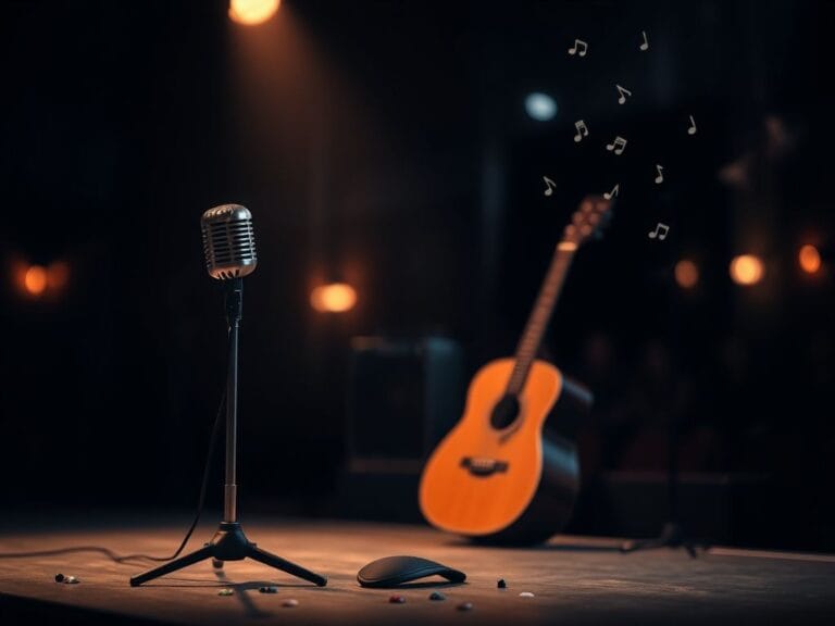 Flick International Dimly lit stage with vintage microphone and acoustic guitar, symbolizing friendship in music