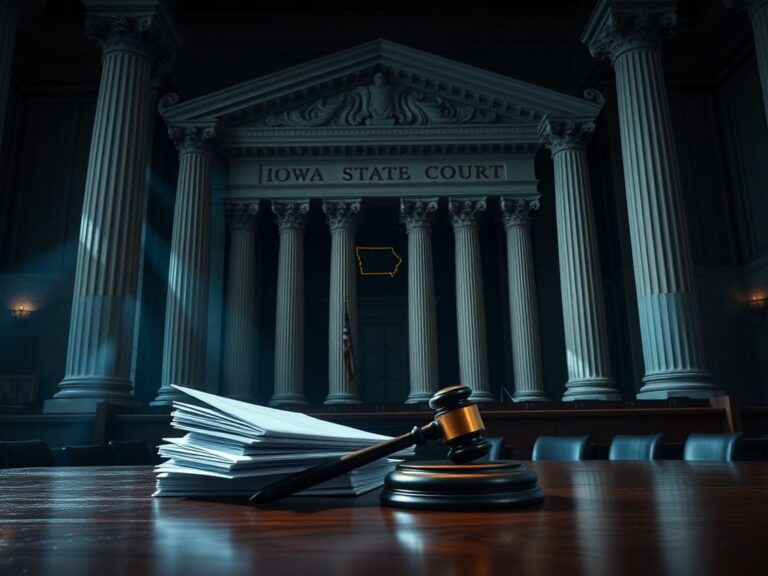 Flick International Dramatic courtroom scene in Iowa State Court with legal documents and gavel