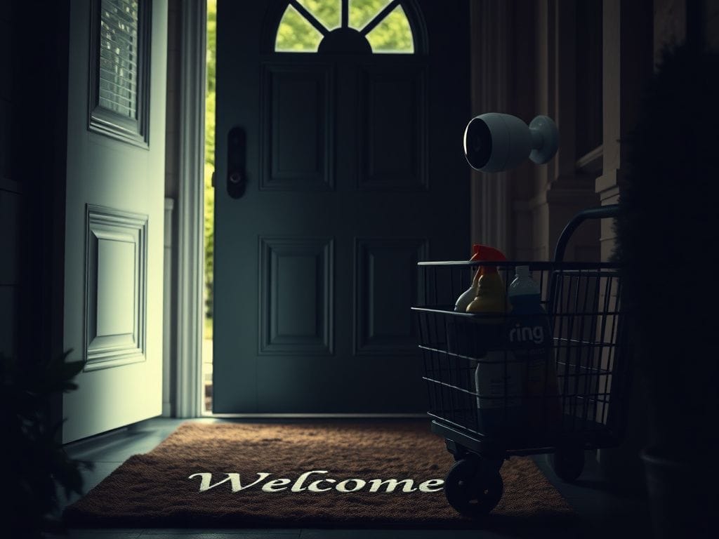 Flick International Entrance of a suburban home featuring an ornate door slightly ajar with a weathered doormat and a shadowy cleaning cart
