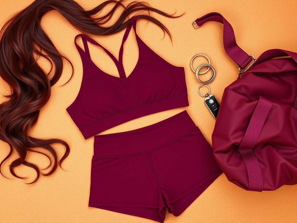 Flick International Stylish flat lay of a burgundy Alo workout set with accessories