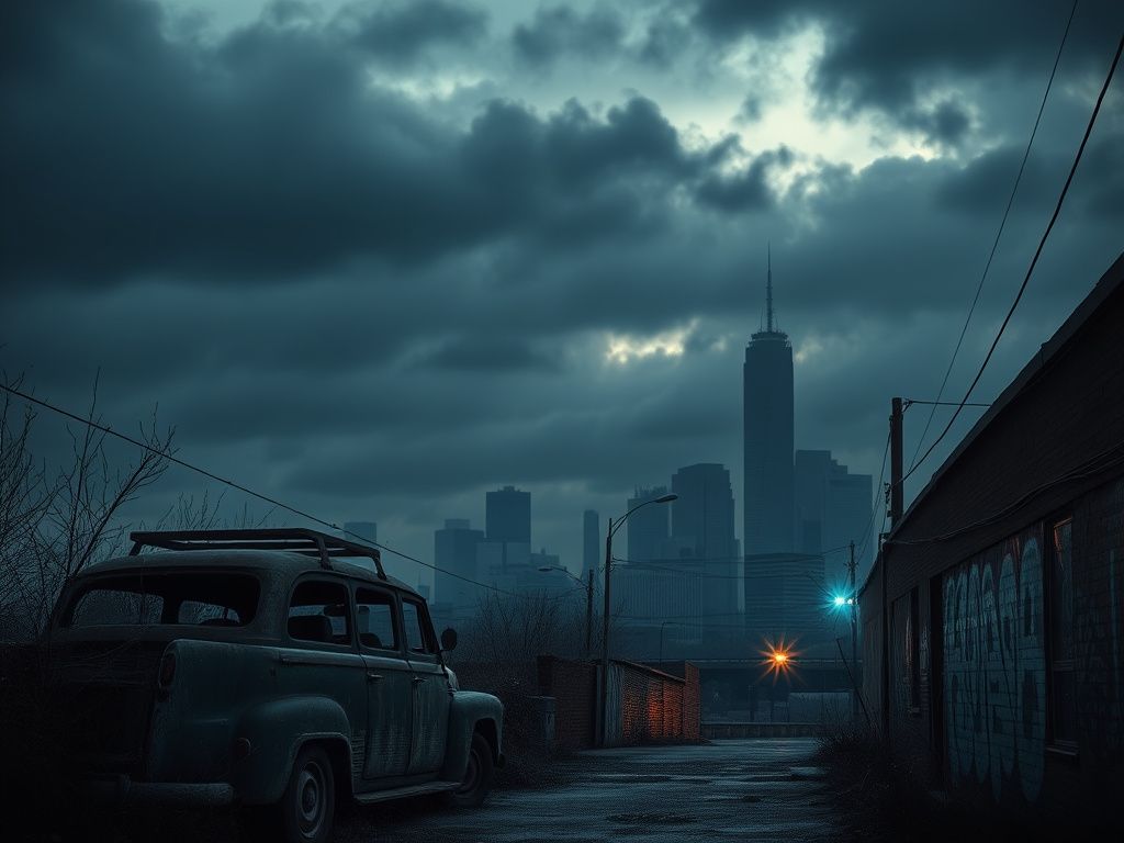 Flick International Ominous skyline of Twin Cities area depicting law enforcement atmosphere