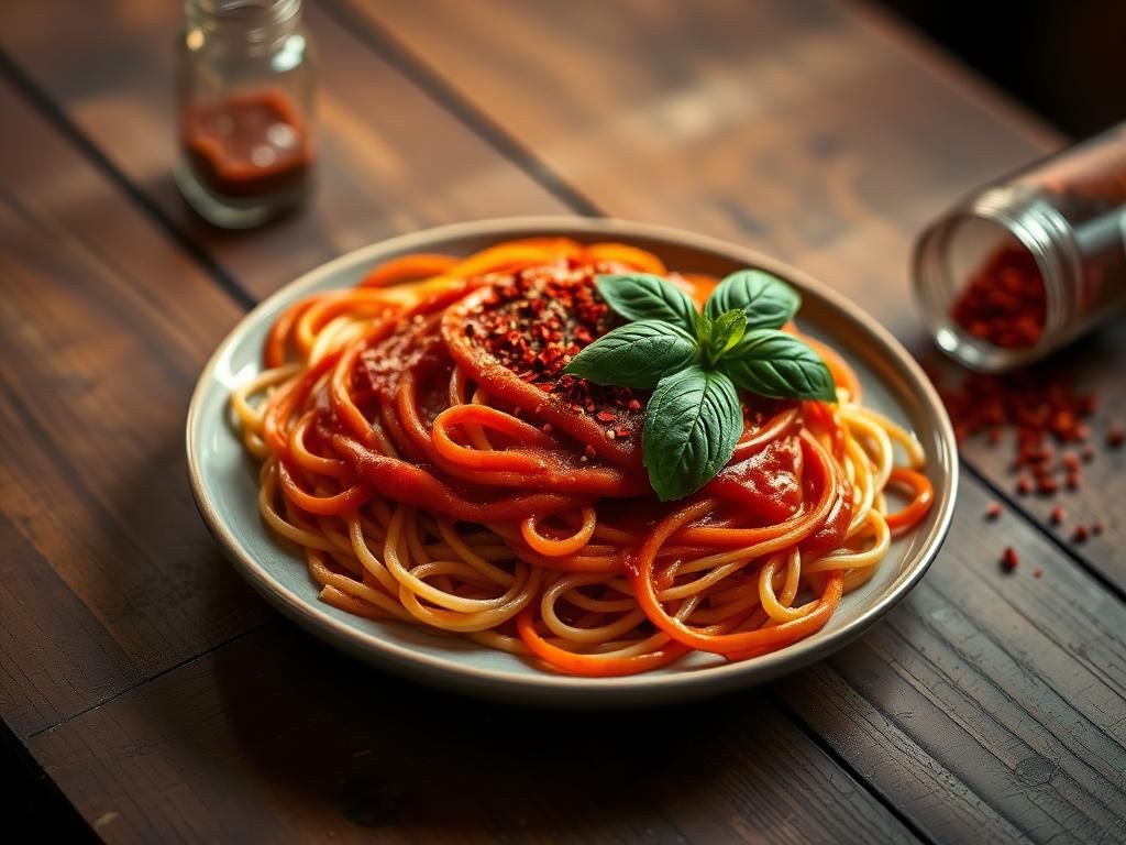 Flick International Close-up of a plate of spaghetti with red sauce and red pepper flakes, symbolizing hidden spice