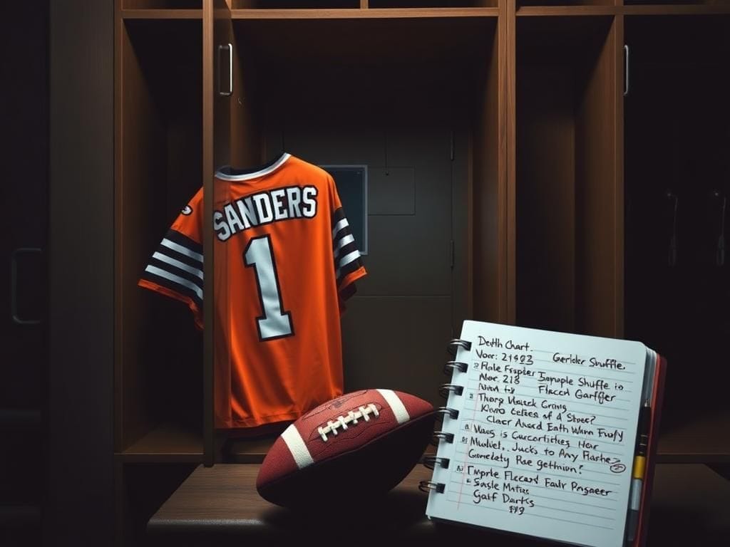 Flick International Dimly lit football locker room featuring an open Browns jersey hanging in a dramatic atmosphere.