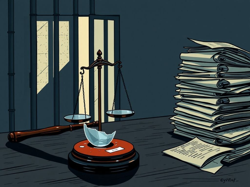 Flick International Somber illustration of a gavel and shattered glass scale of justice on a courtroom table