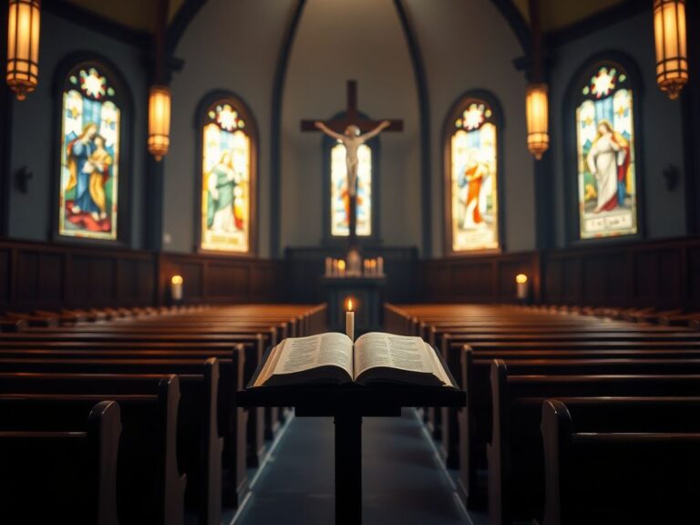 Flick International Serene church interior with stained glass windows depicting biblical scenes.