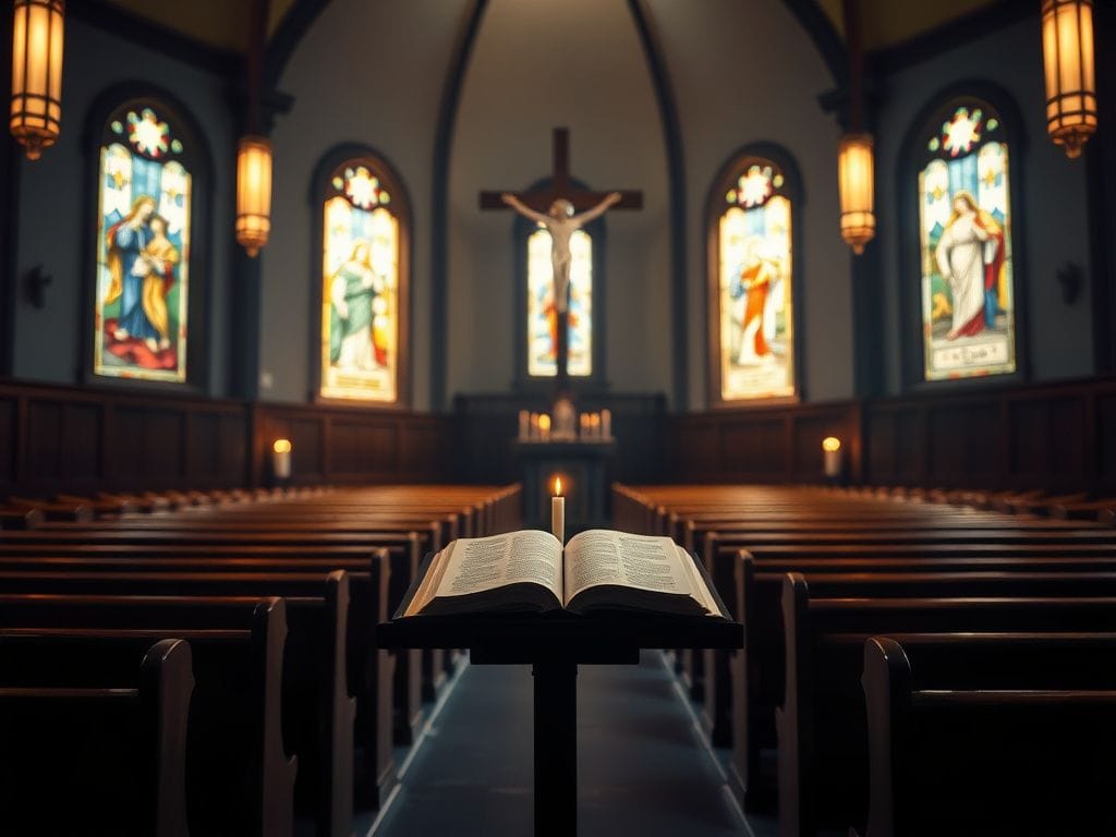 Flick International Serene church interior with stained glass windows depicting biblical scenes.