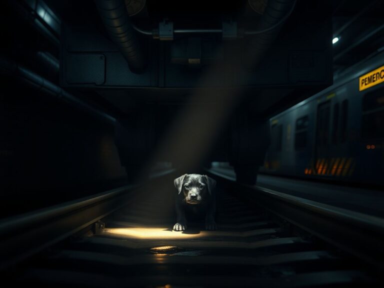 Flick International Small black dog named Moose hiding beneath a subway train in Manhattan