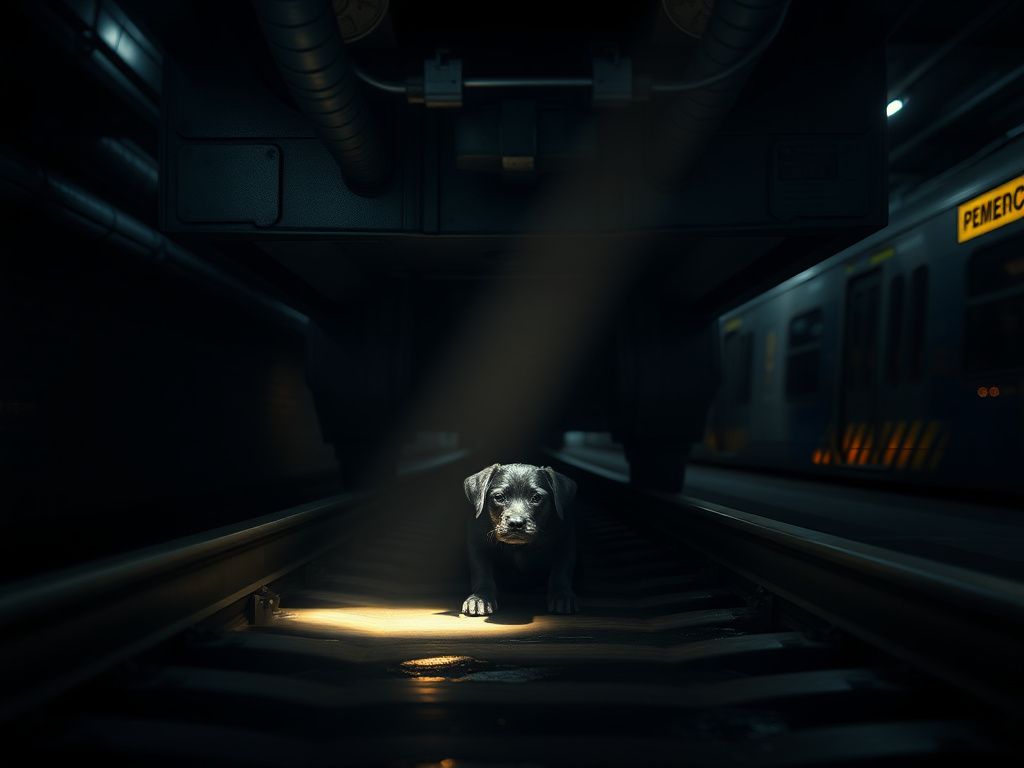 Flick International Small black dog named Moose hiding beneath a subway train in Manhattan