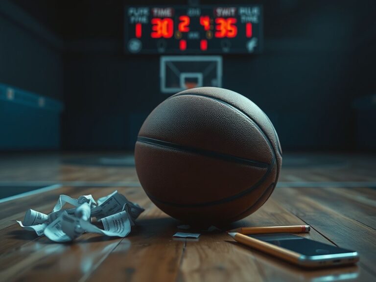 Flick International Close-up of a basketball on a wooden gym floor surrounded by crumpled betting slips and a broken pencil
