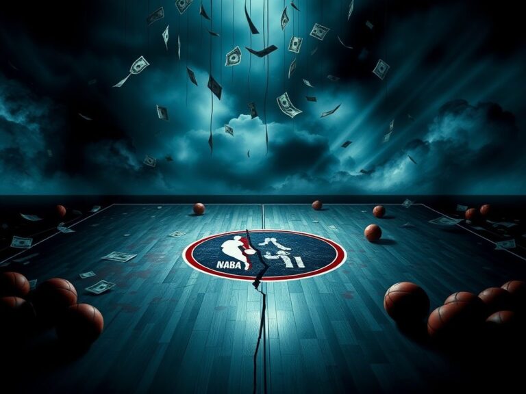 Flick International A dramatic representation of a basketball court in turmoil, symbolizing the gambling scandal's impact on the NBA.