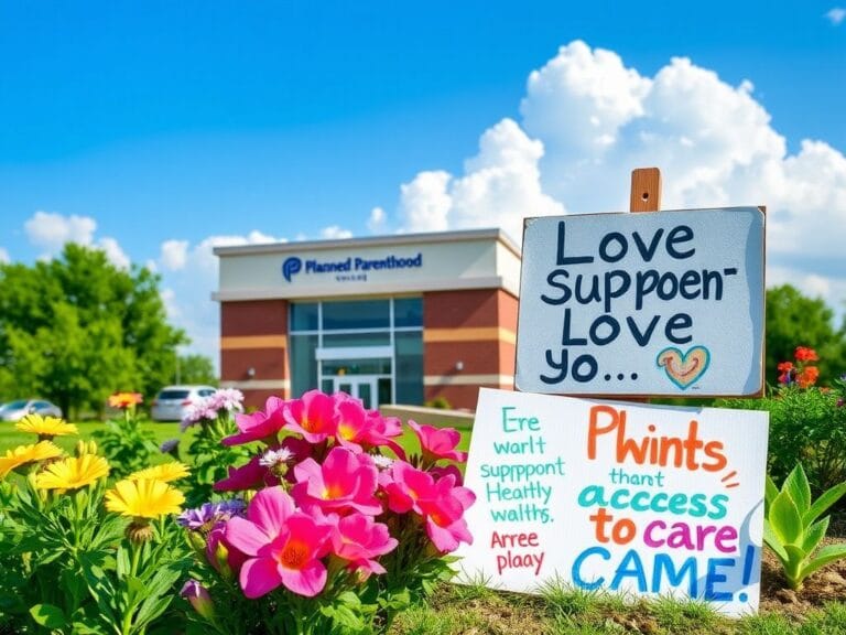 Flick International Serene landscape featuring a Planned Parenthood clinic surrounded by blooming flowers and greenery