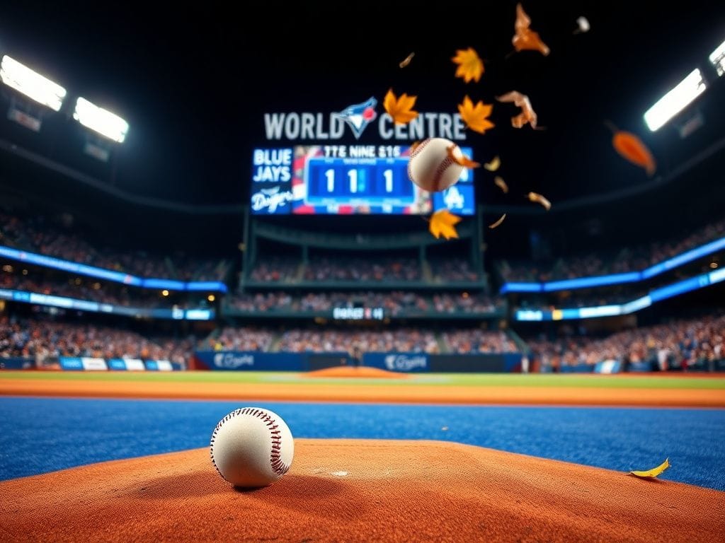 Flick International A vibrant night scene at Rogers Centre during World Series Game 1, showcasing a baseball soaring into the sky.