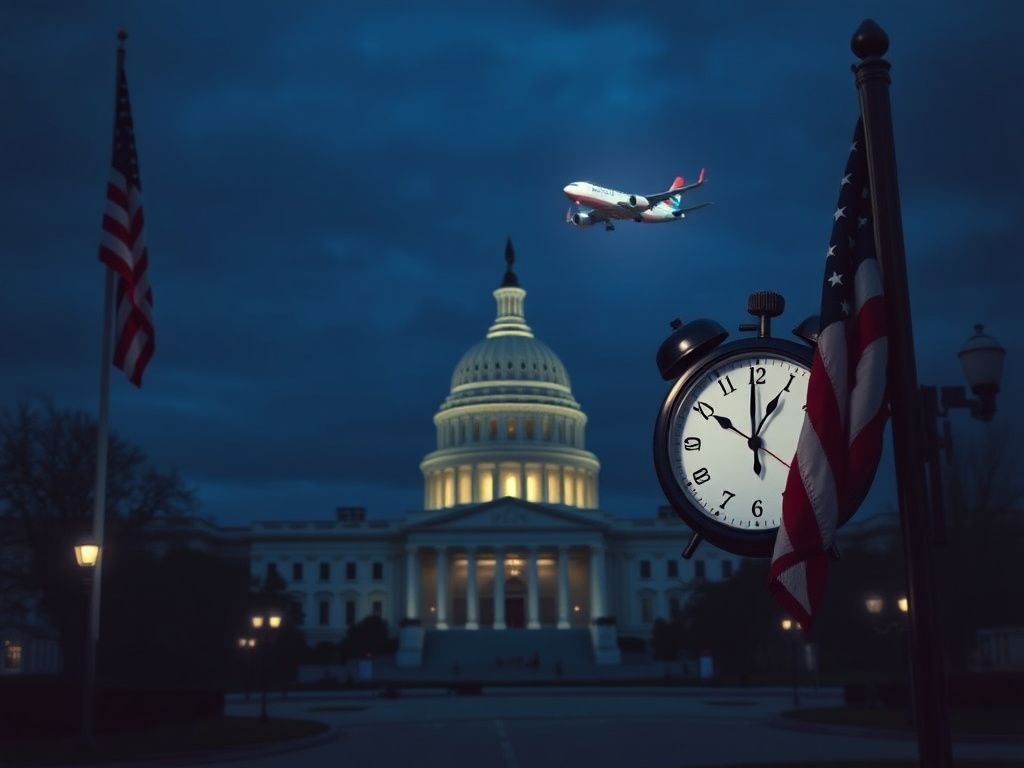 Flick International Deserted government building at dusk with an American flag and a departing airplane