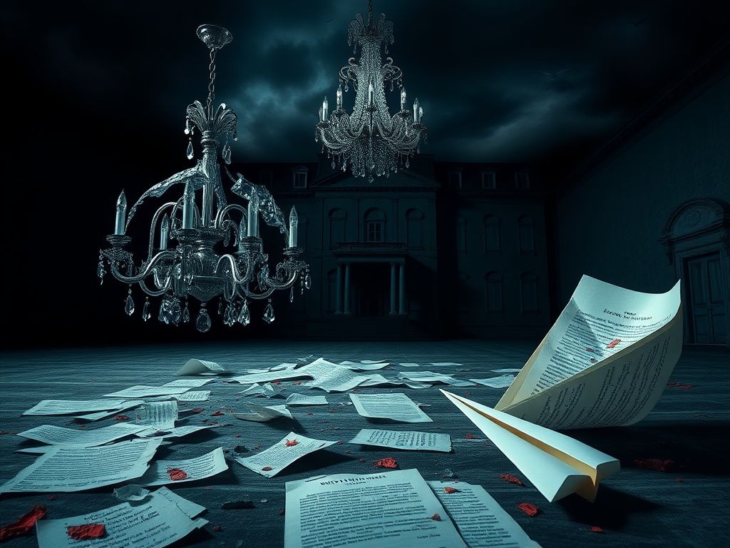 Flick International Dimly lit room symbolizing secrecy and trauma, featuring a shattered glass chandelier and an opulent mansion in the background.