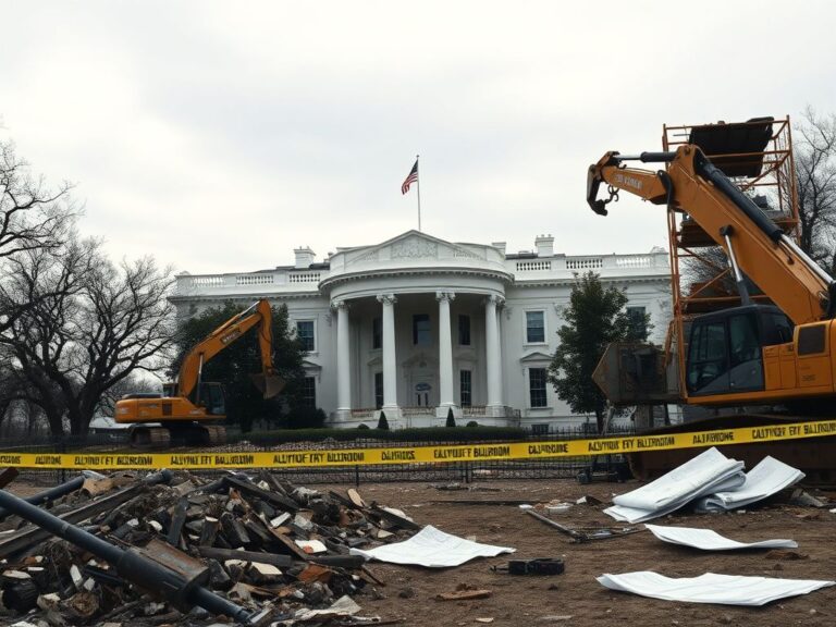 Flick International A dramatic view of the White House East Wing under construction, showcasing scaffolding and rubble.