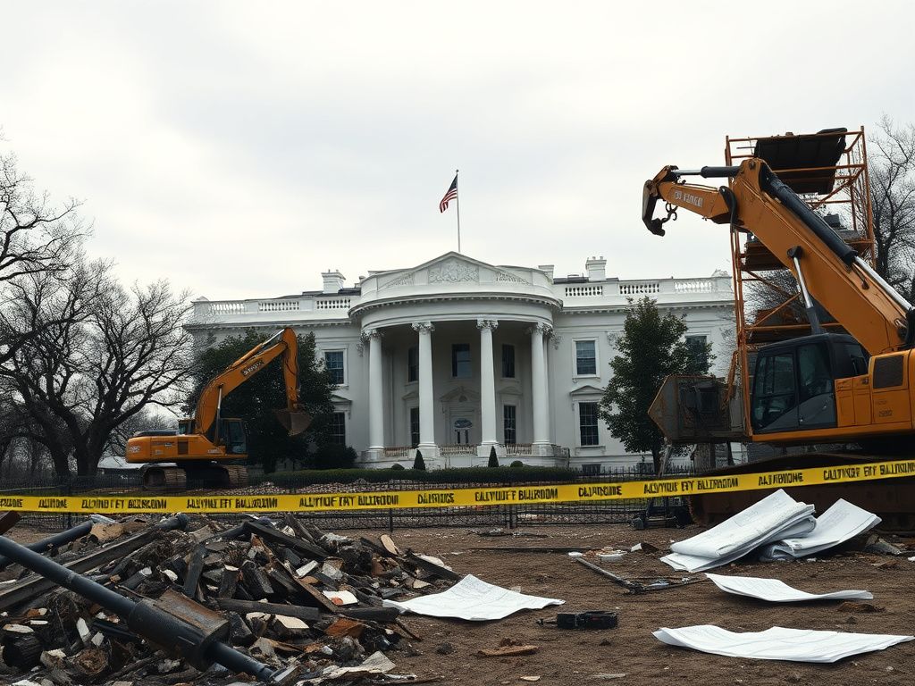 Flick International A dramatic view of the White House East Wing under construction, showcasing scaffolding and rubble.