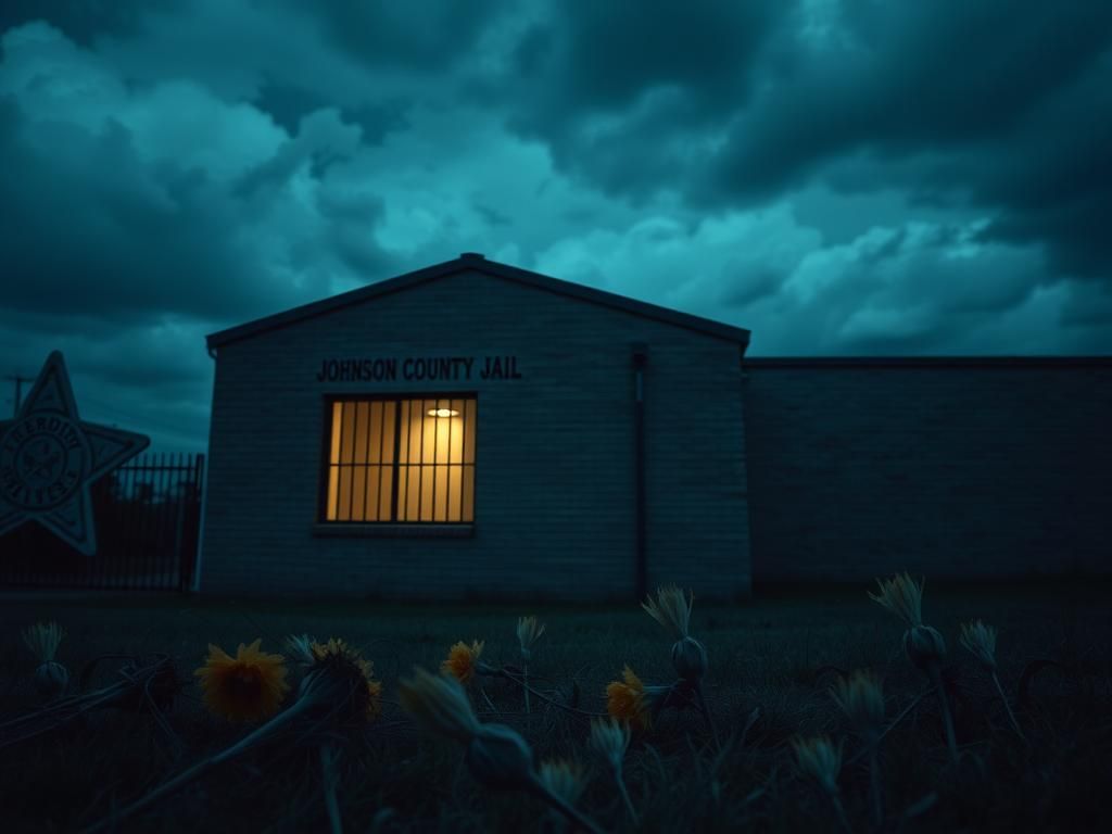 Flick International Exterior view of Johnson County Jail at dusk with a gloomy sky and wilted flowers