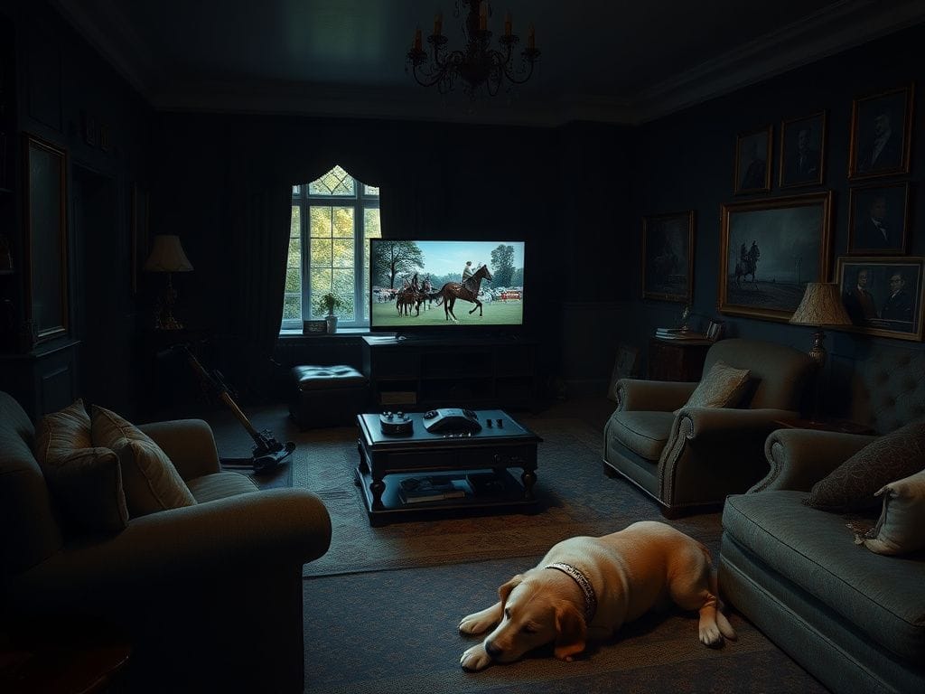 Flick International A dimly lit sitting room with a large TV showing war films