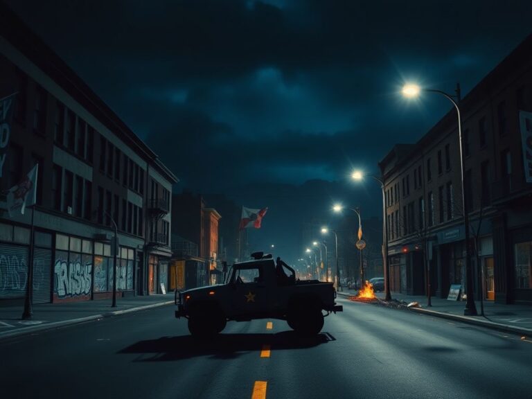 Flick International A silhouette of a National Guard vehicle on an empty Portland street adorned with protest signs
