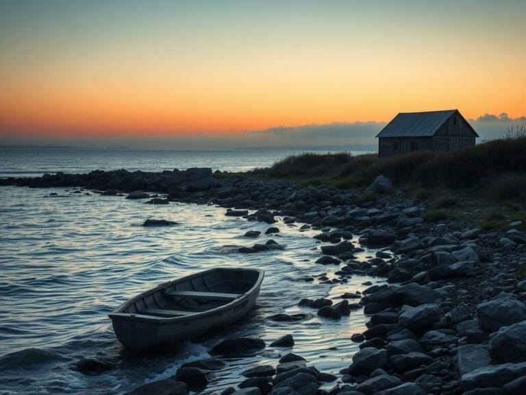 Flick International A serene view of Naushon Island's rugged coastline at dawn with a burnt piece of a dinghy in the foreground