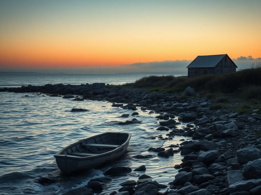 Flick International A serene view of Naushon Island's rugged coastline at dawn with a burnt piece of a dinghy in the foreground