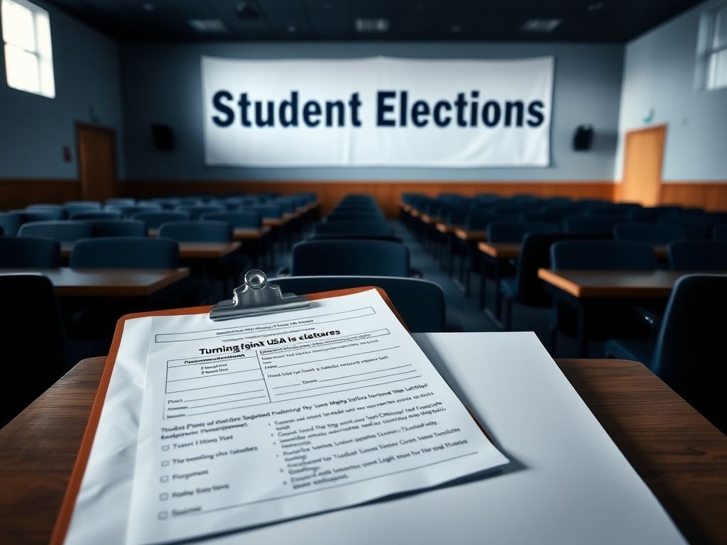 Flick International Empty lecture hall with rows of desks and a 'Student Elections' banner highlighting the tension of upcoming elections