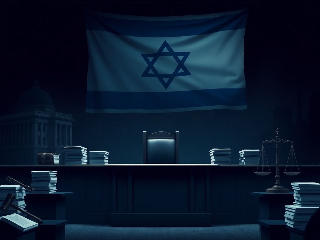 Flick International A dramatic courtroom scene in Jerusalem reflecting lawfare against Prime Minister Netanyahu