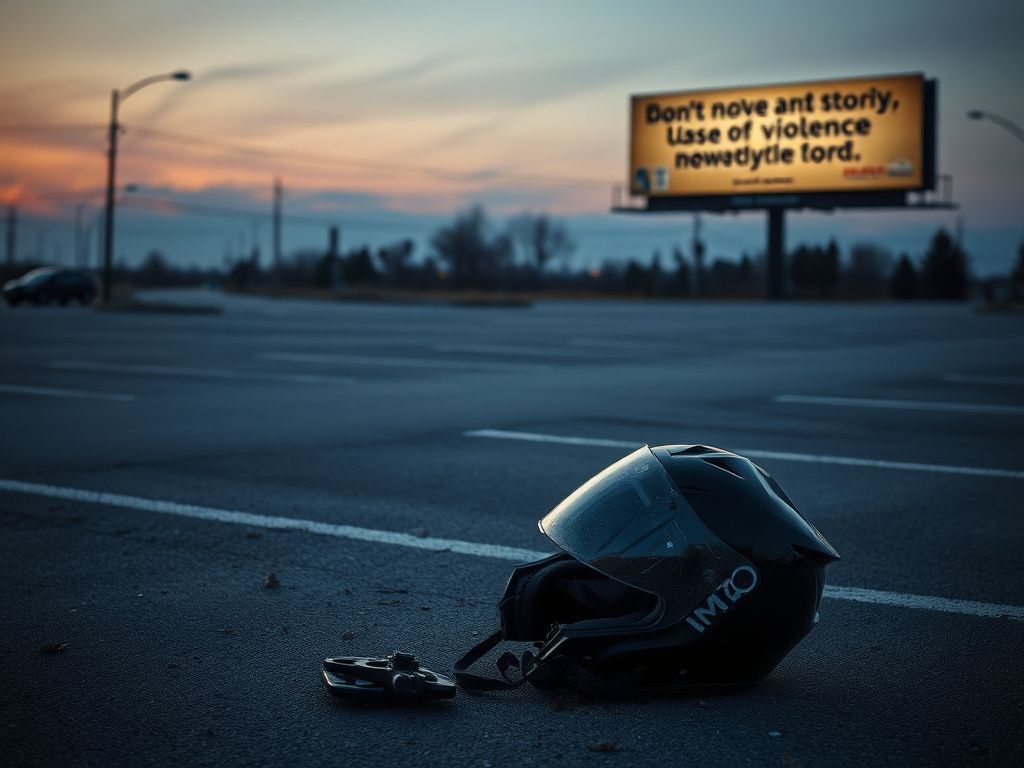 Flick International Tattered motorcycle helmet in a desolate parking lot, symbolizing a tragic accident.