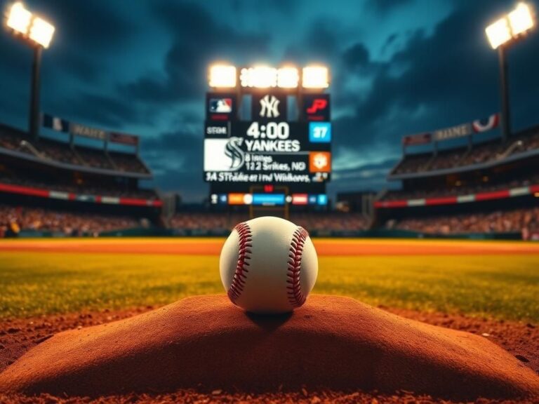 Flick International Dynamic scene of a baseball stadium showcasing the pitcher's mound and a baseball symbolizing a pivotal game moment