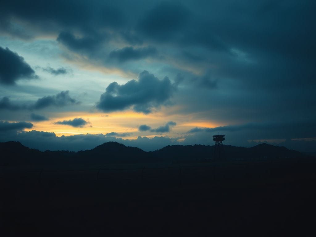 Flick International Korean Demilitarized Zone at twilight with barbed wire fences and warning signs
