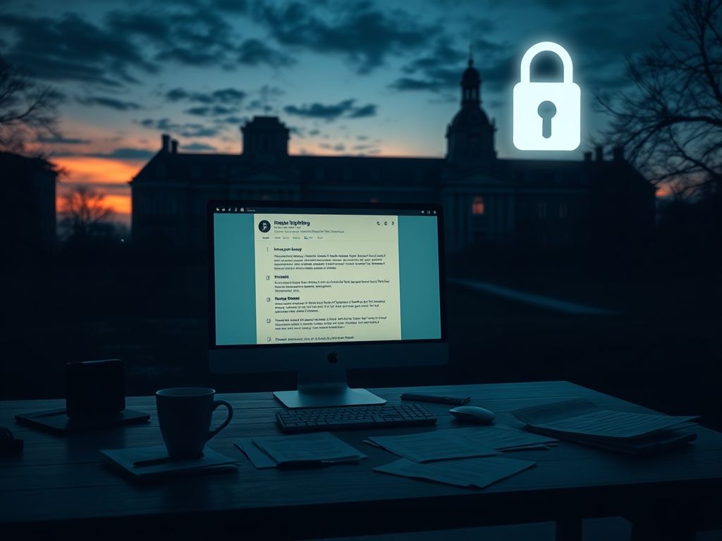 Flick International A moody university campus during twilight, showcasing an empty computer desk with a flickering monitor filled with phishing emails.