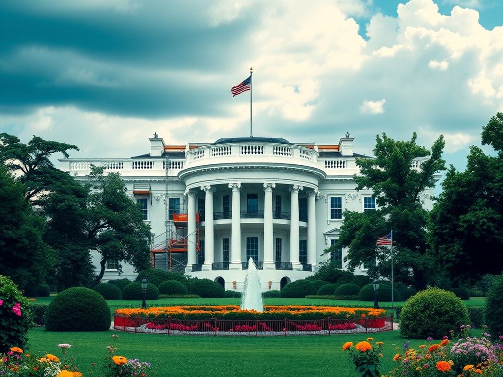 Flick International A view of the White House featuring its iconic architecture amidst ongoing renovations with scaffolding in the foreground.