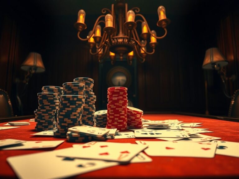 Flick International A dimly lit underground poker table with high-stakes poker chips and oversized playing cards