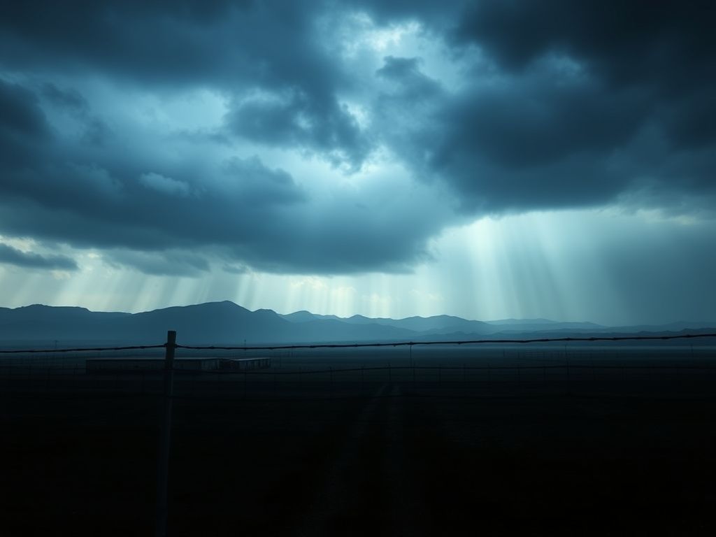 Flick International A somber landscape of an immigration detention facility under a stormy sky, illustrating the themes of uncertainty and deportation.