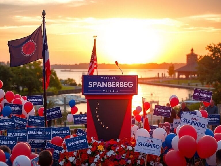 Flick International Political rally in Tidewater area with Virginia state flag and campaign podium for Abigail Spanberger