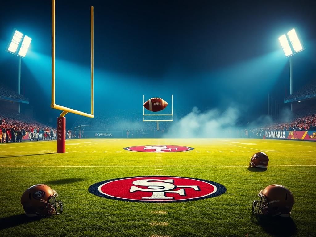 Flick International Dramatic football field scene with vibrant green turf featuring the San Francisco 49ers logo at night