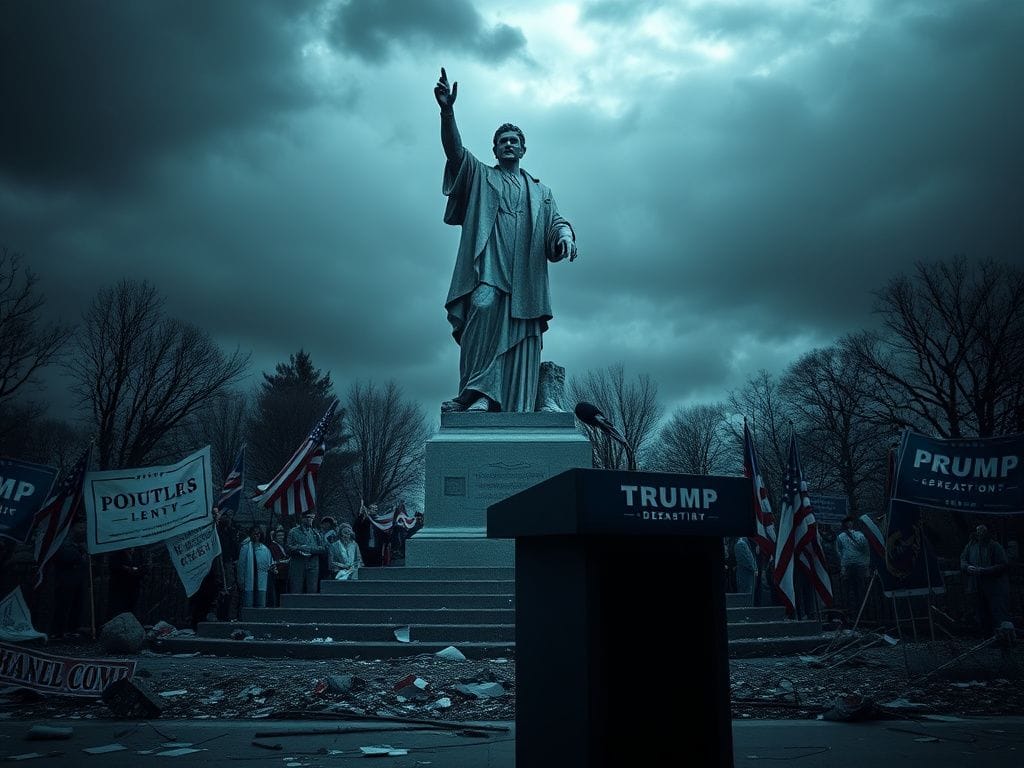 Flick International Weathered statue of a figure symbolizing democracy amidst debris and a moody sky