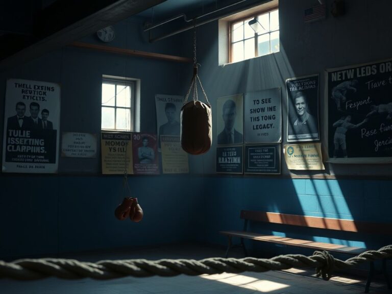 Flick International Dimly lit boxing gym with worn equipment and vintage boxing gloves