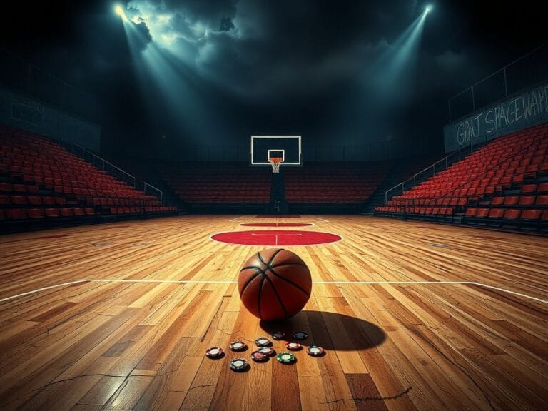 Flick International Dimly lit basketball court with a cracked hardwood floor and a basketball surrounded by betting chips
