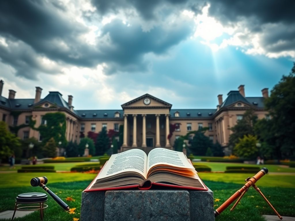 Flick International A serene university campus scene with historic buildings and an open book symbolizing academic freedom.