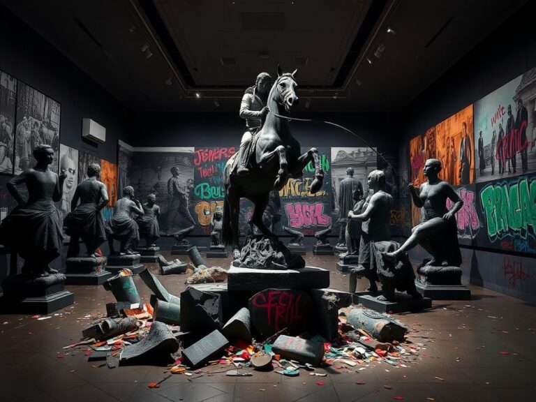 Flick International Dimly lit art exhibit displaying chaotic arrangement of Confederate statues in disrepair and graffiti.