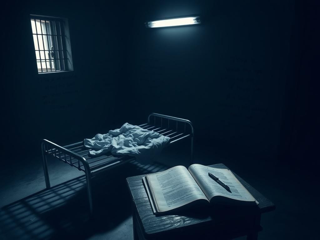 Flick International A dimly lit prison cell with sunlight filtering through barred windows