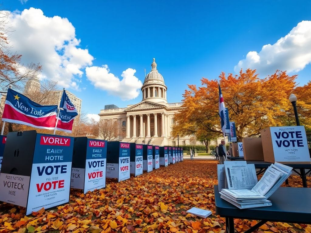Flick International Early voting location in New York with vibrant autumn foliage and voting booths
