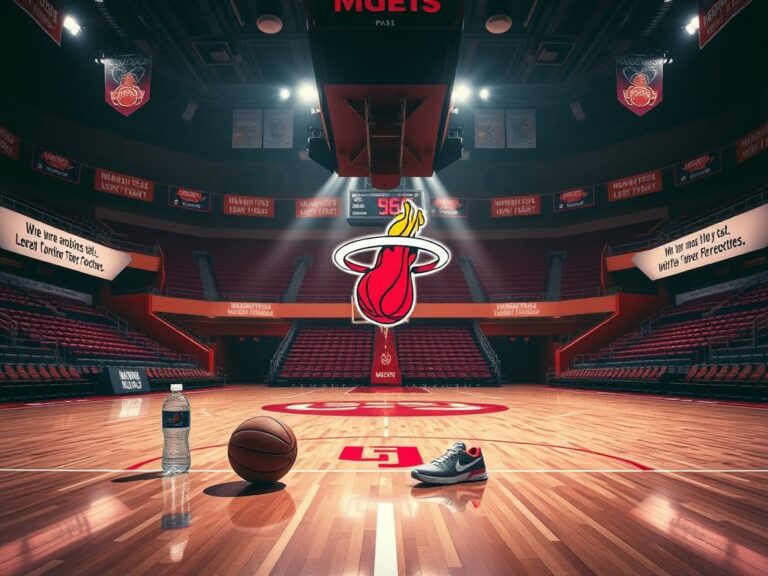 Flick International A dynamic scene featuring the Miami Heat logo in an empty arena, symbolizing team spirit.