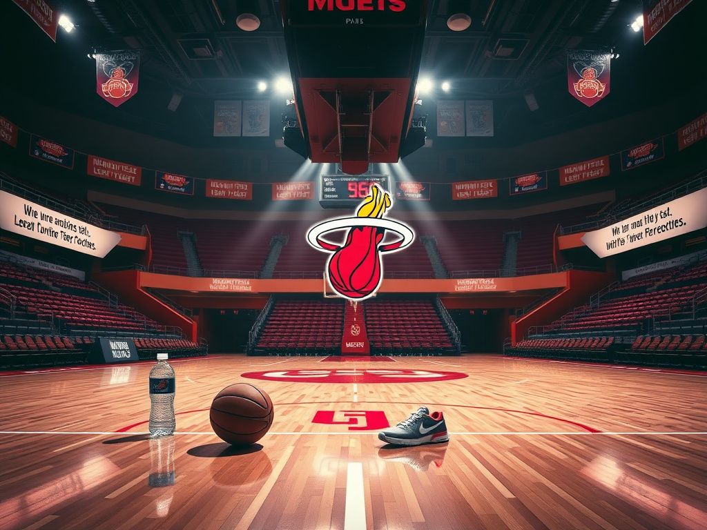 Flick International A dynamic scene featuring the Miami Heat logo in an empty arena, symbolizing team spirit.