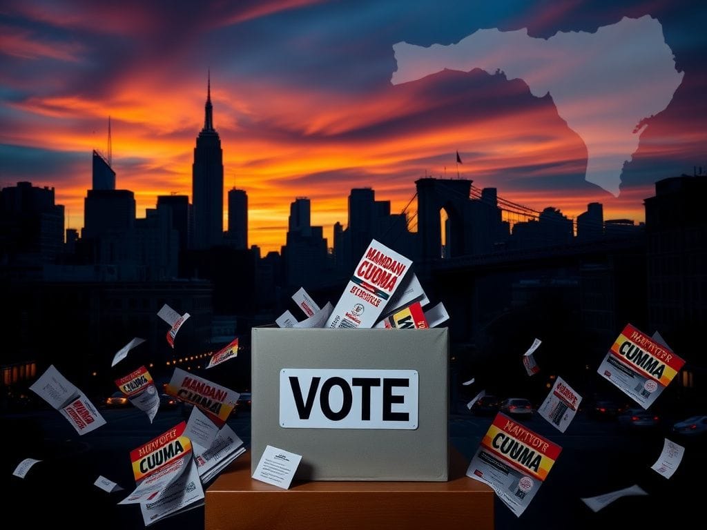 Flick International Dramatic urban skyline of New York City at dusk with a ballot box symbolizing the upcoming mayoral election